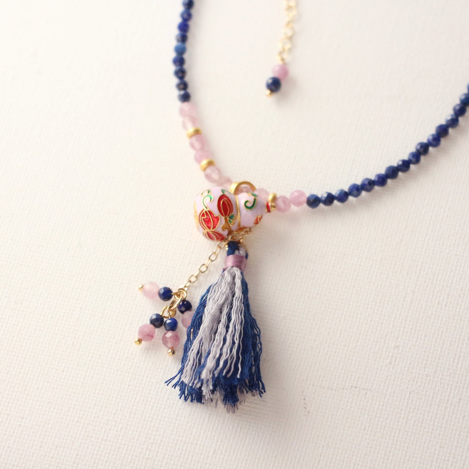 Jekira Lapis Lazuli & Amethyst Enamel Gourd Tassel Necklace – Sand Gold Luxury
