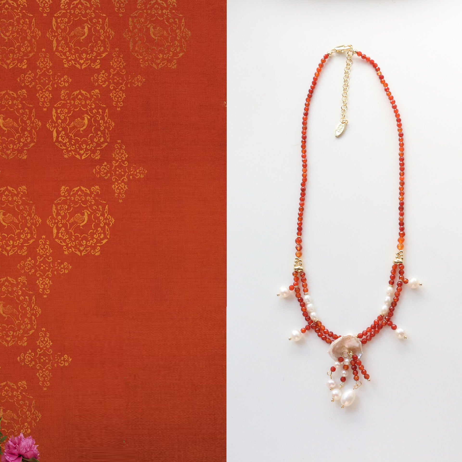 Jekira Red Agate & Baroque Pearl Double-Layer Necklace
