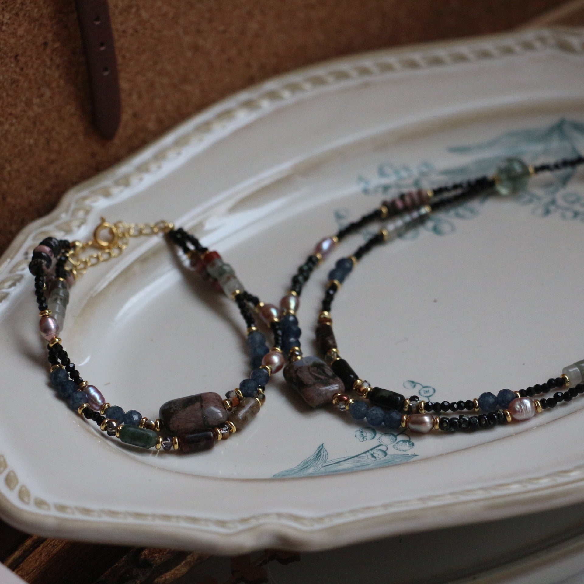 JEKIRA Baroque Pearl & Black Stone Layered Necklace + Bracelet Set