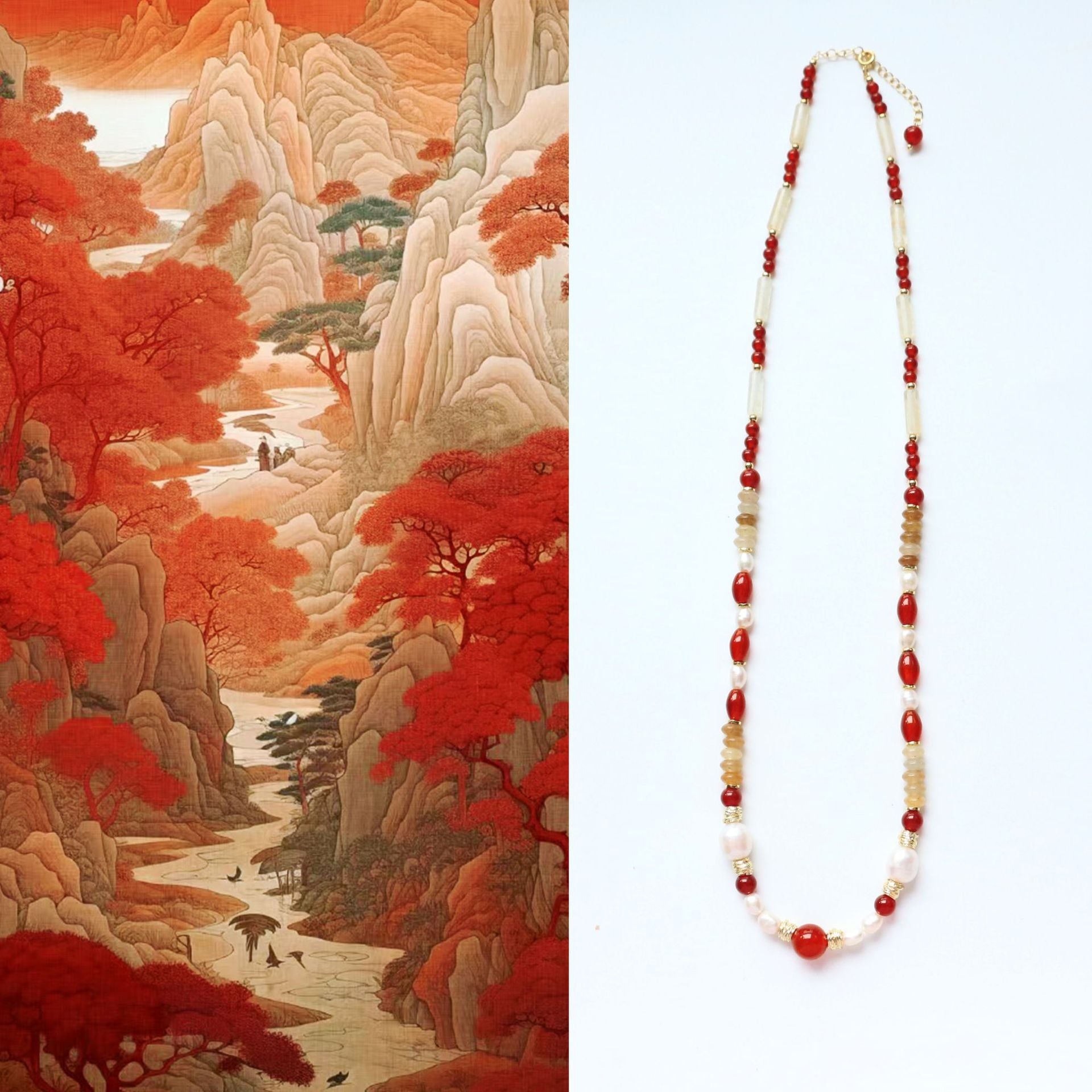 Jekira | Red Agate Long Beaded Necklace with Yellow Gemstone & Baroque Pearl – 56+6cm