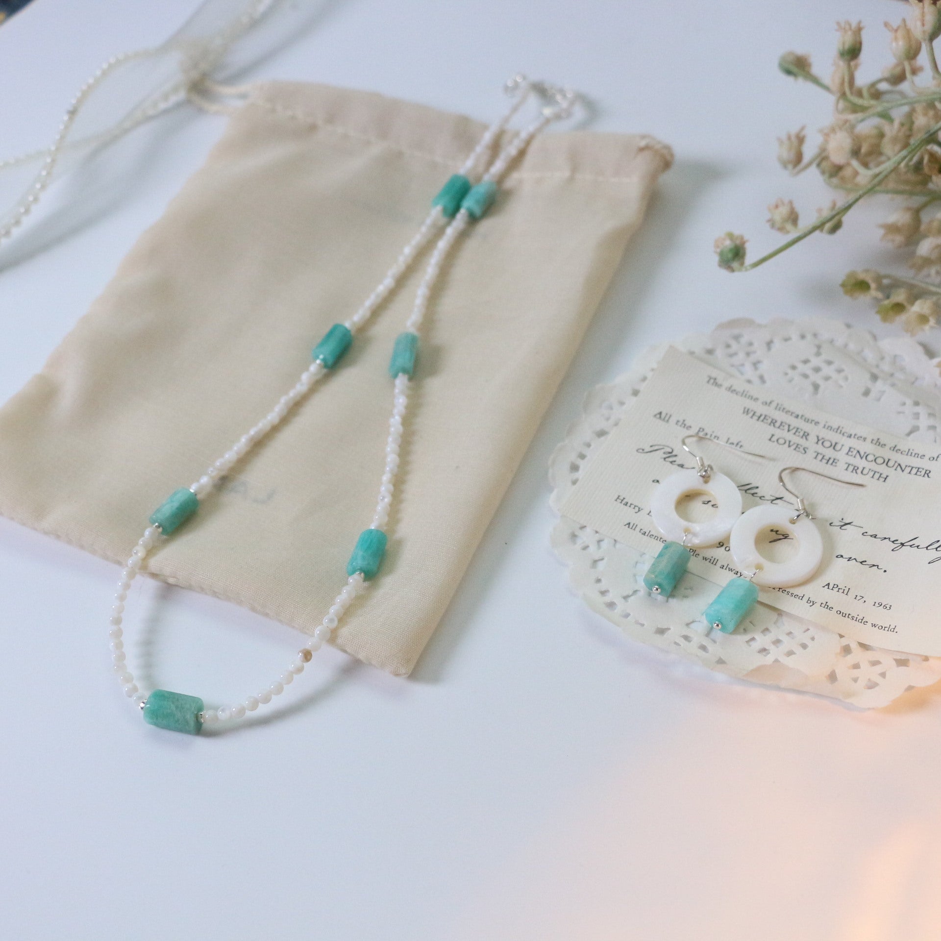Jekira Amazonite & Shell Bead Necklace and 925 Silver Earrings Set