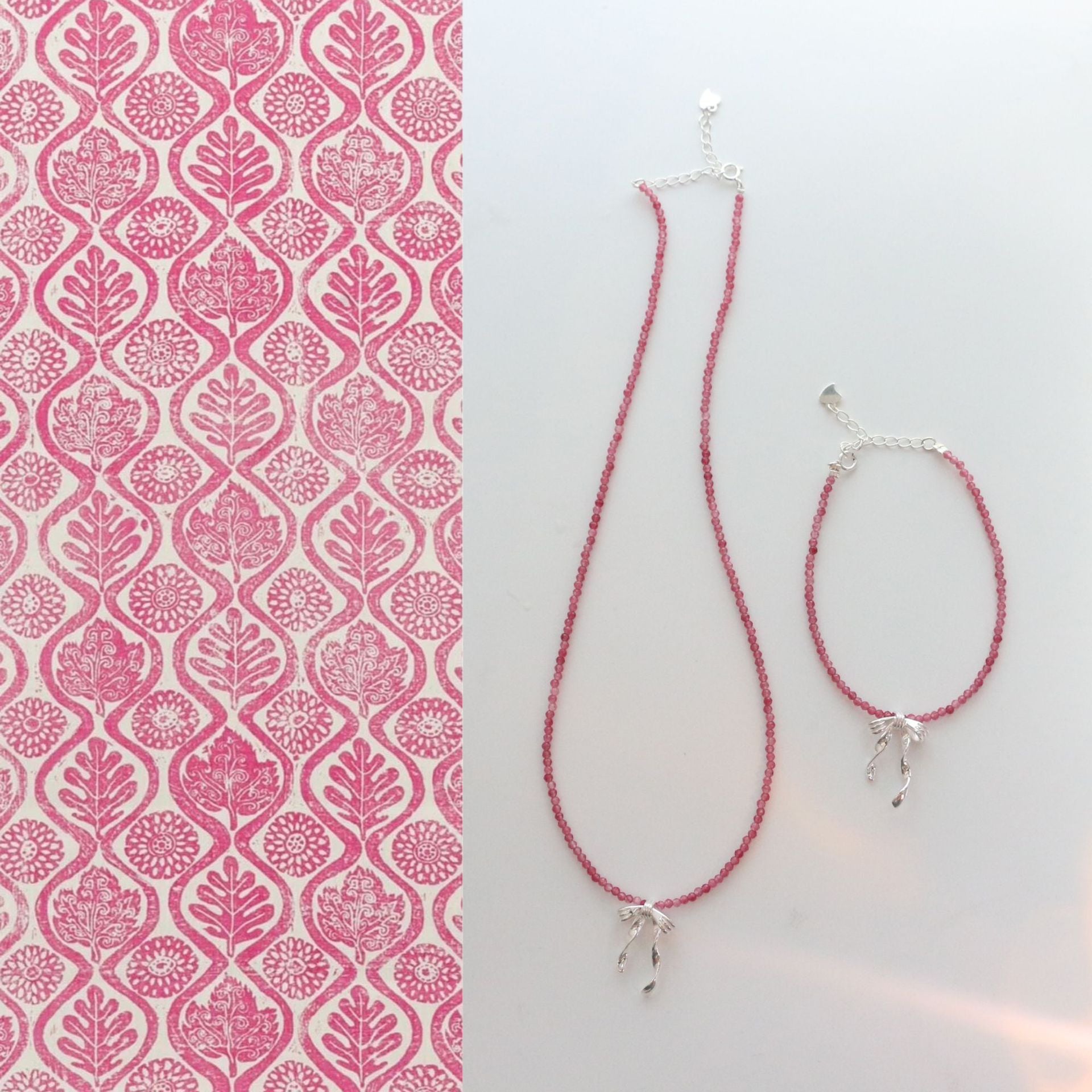Jekira 2mm Pink Tourmaline & Sterling Silver Bow Necklace + Bracelet Set