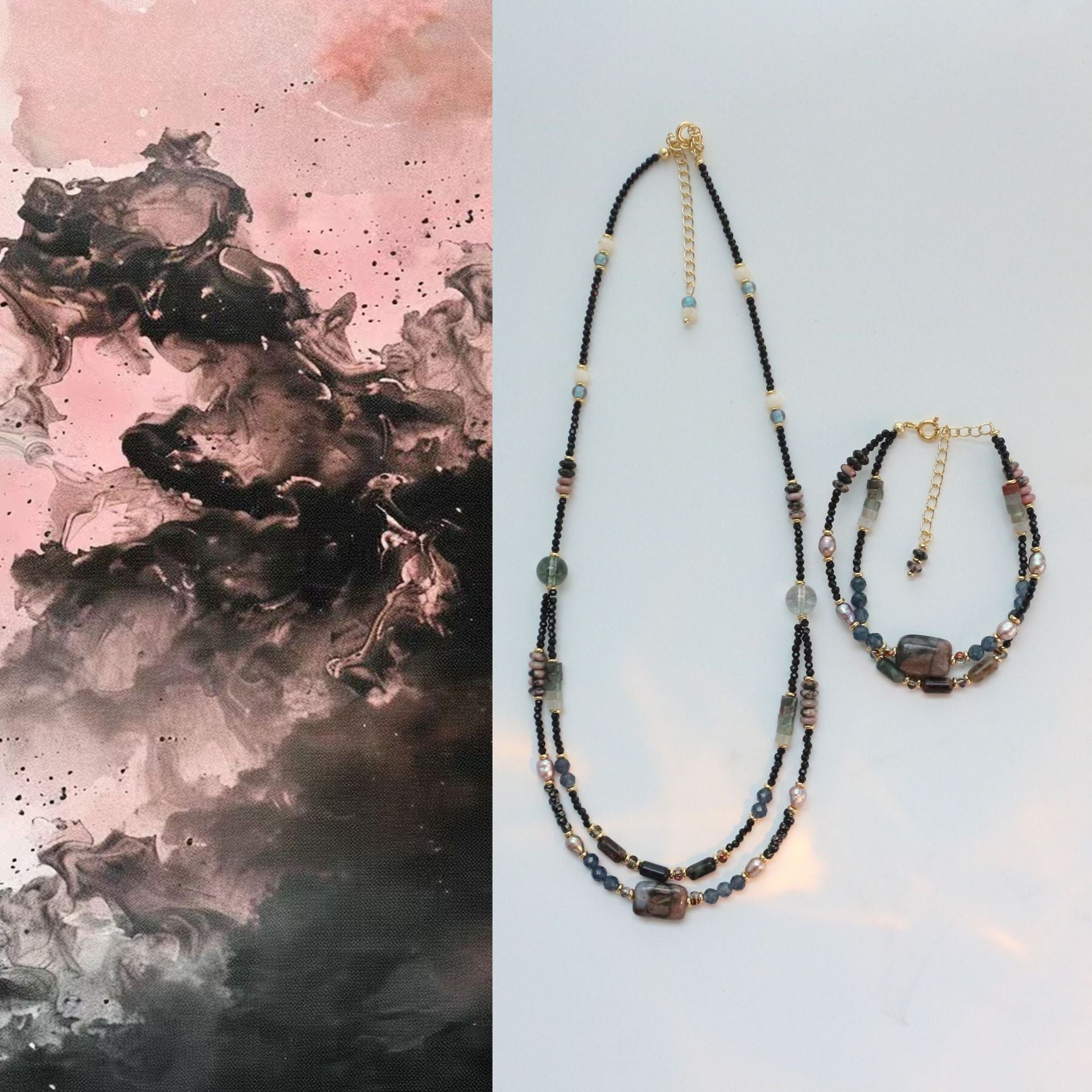JEKIRA Baroque Pearl & Black Stone Layered Necklace + Bracelet Set