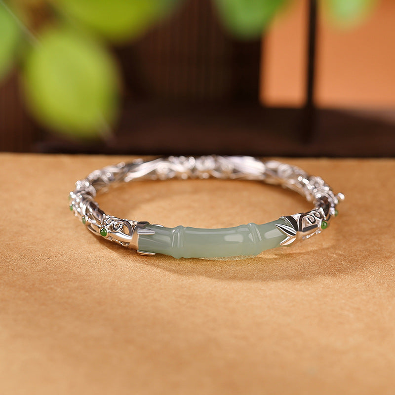 925 Sterling Silver Natural Hetian Jade "Bamboo Leaf" Bracelet