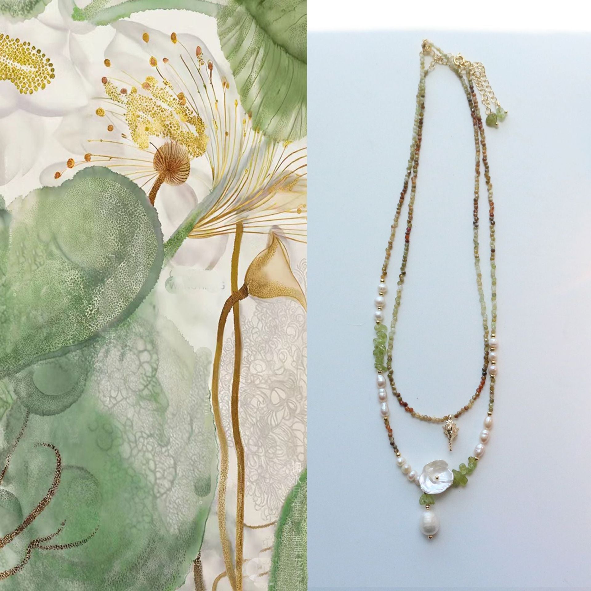 Jekira Green Gemstone & Baroque Pearl Jewelry Set (Necklace+Earrings)