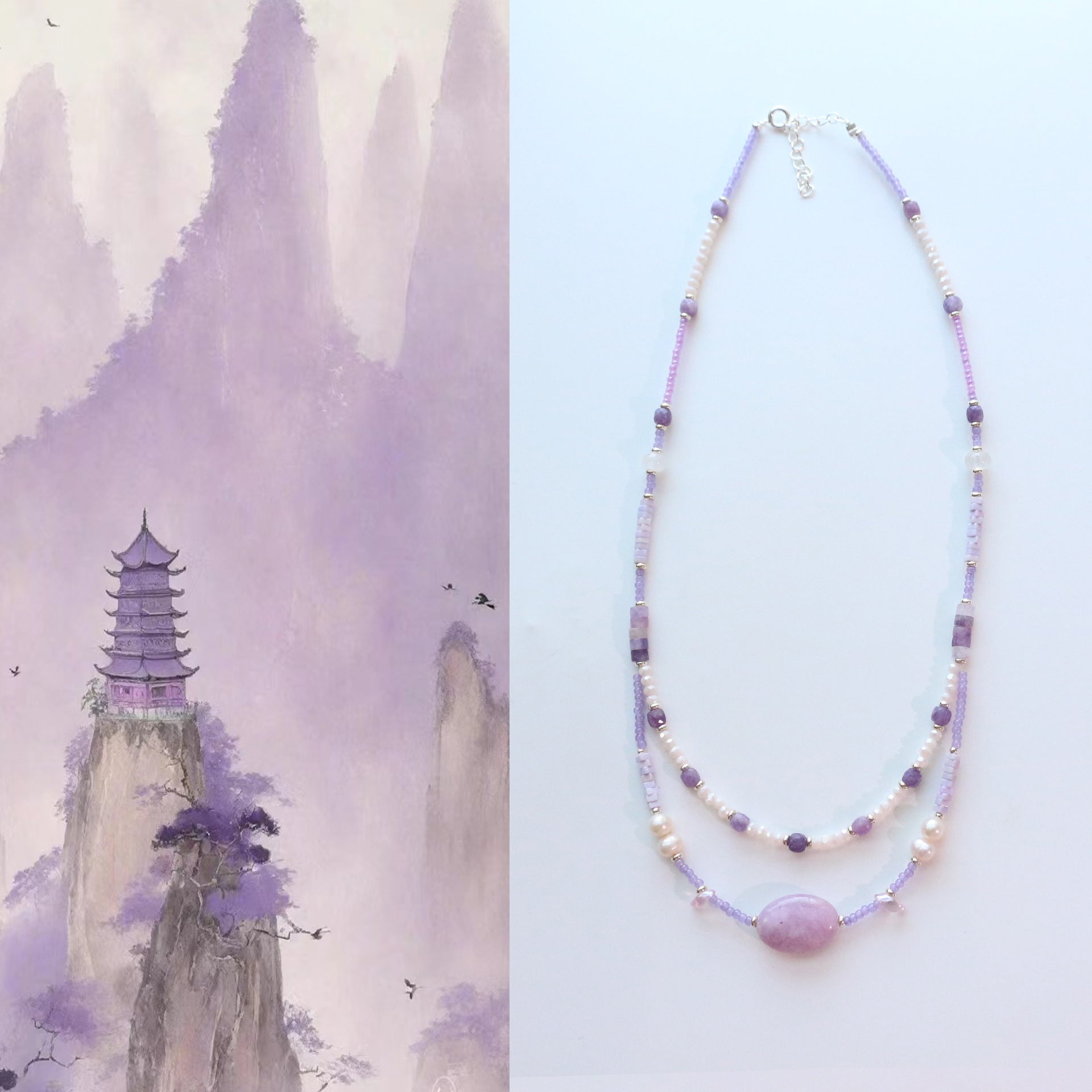 Jekira Double Layer Lavender Baroque Pearl & Agate Necklace