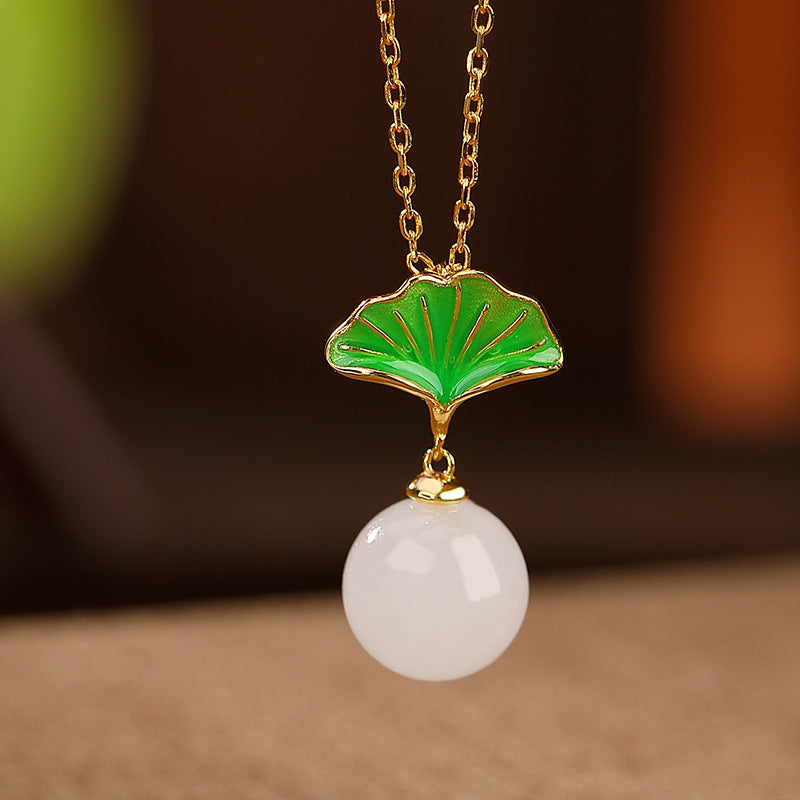 S925 sterling silver white jade ginkgo leaf round bead jewelry