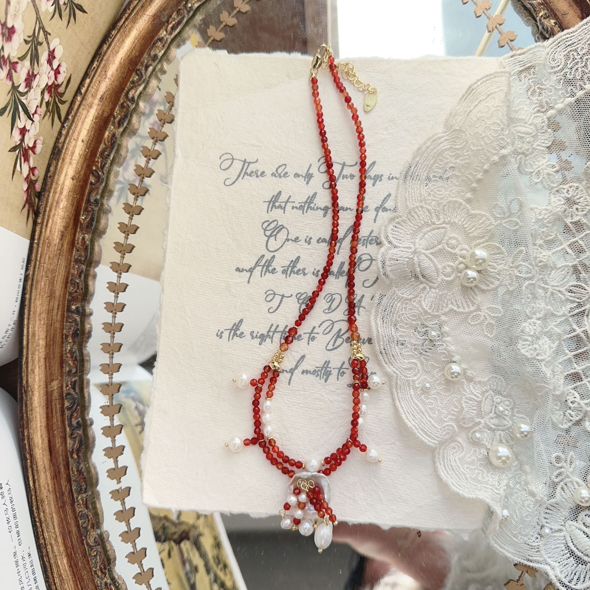 Jekira Red Agate & Baroque Pearl Double-Layer Necklace