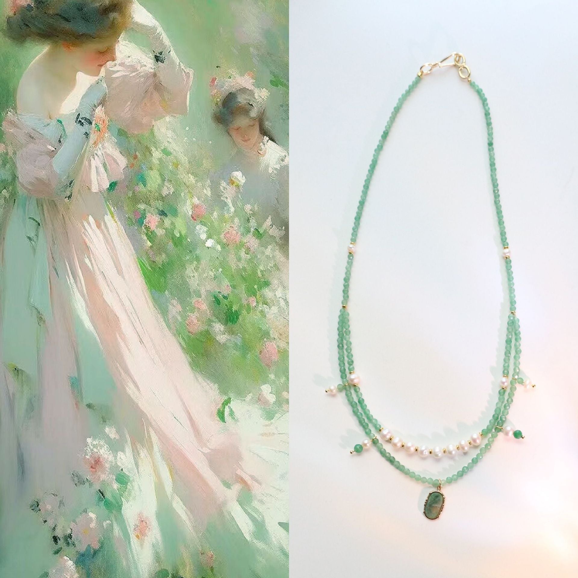 Jekira Royal Green Baroque Pearl Double Layer Necklace - Copper 18K Gold Plated