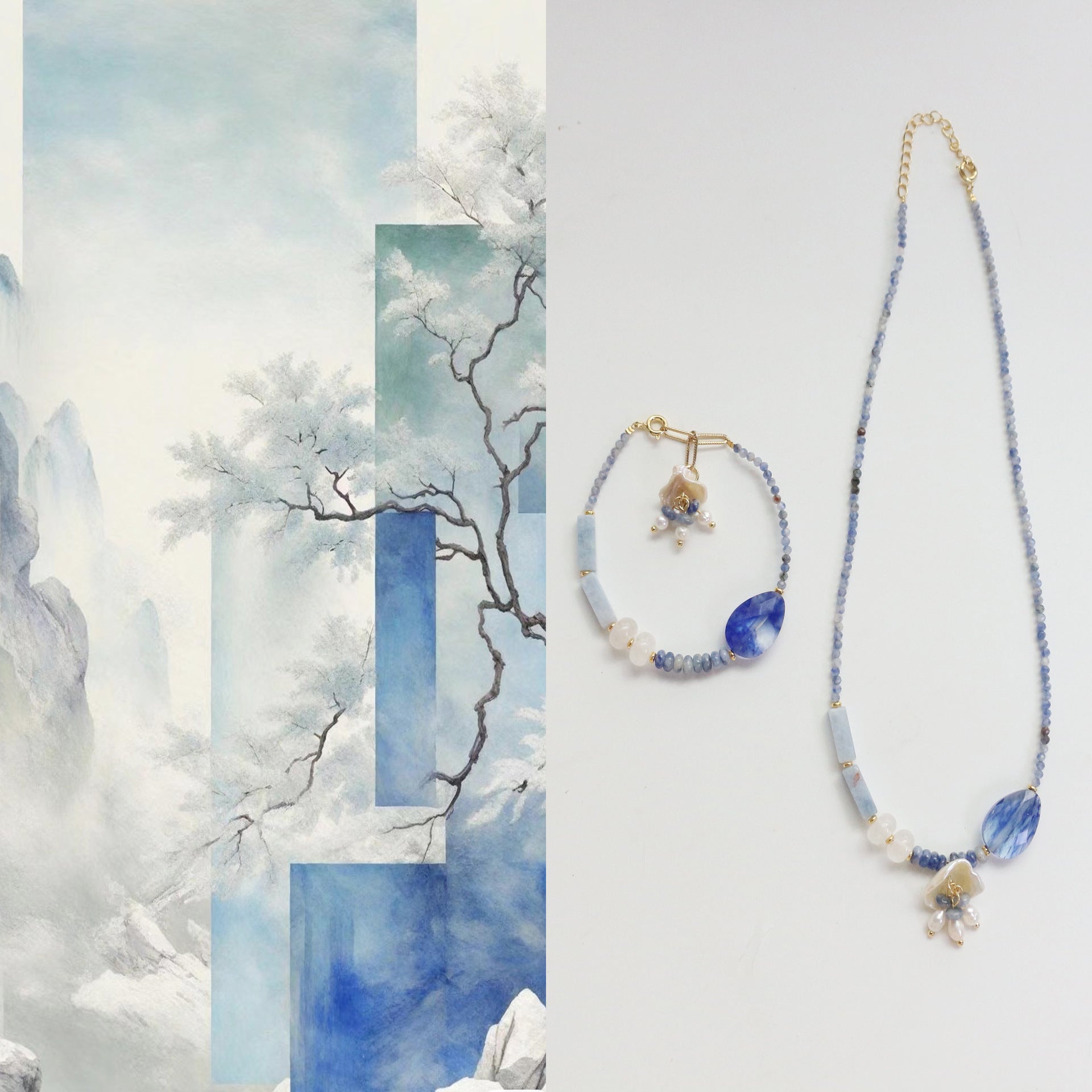 Jekira Blue Gemstone Beaded Necklace & Bracelet Set with Pearls