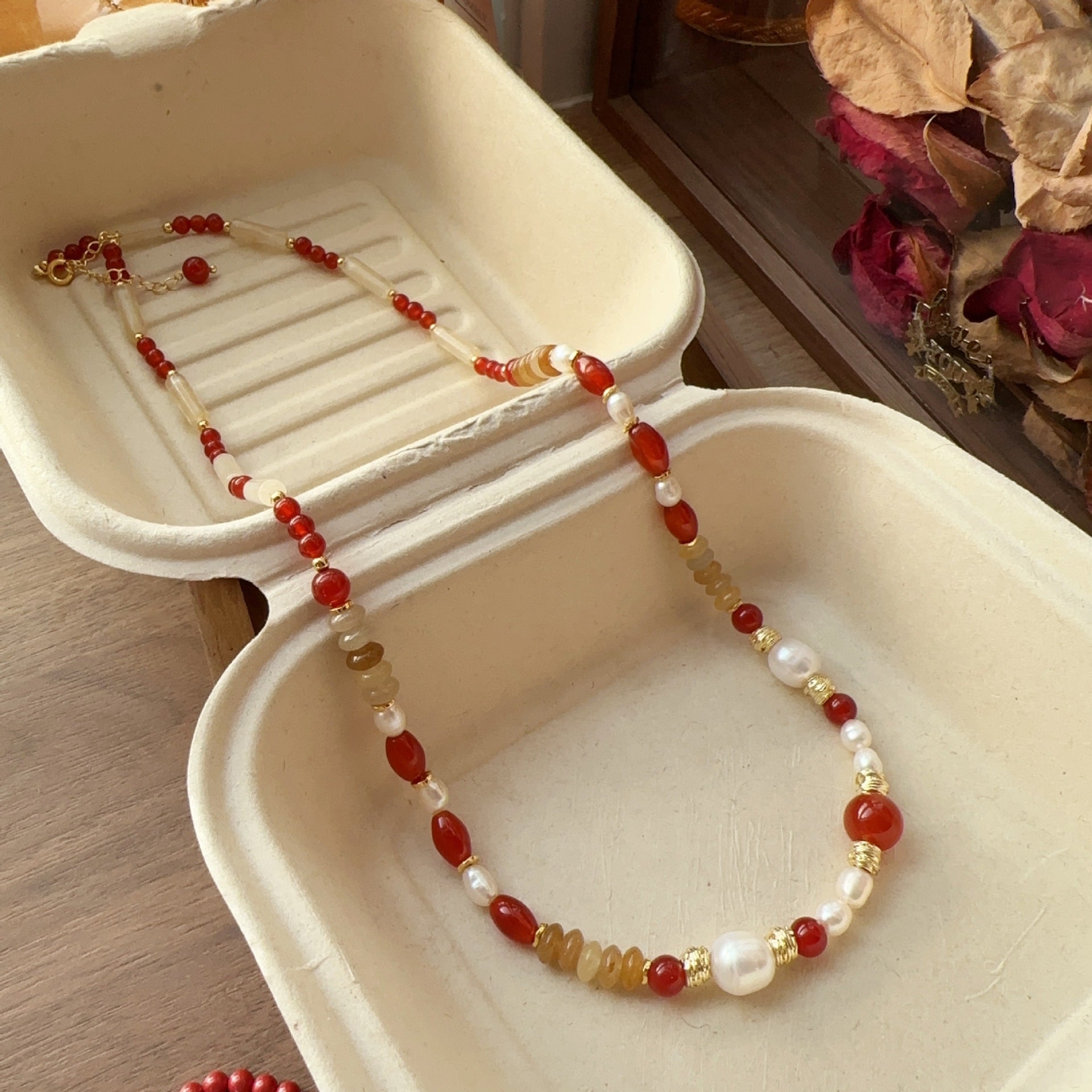 Jekira | Red Agate Long Beaded Necklace with Yellow Gemstone & Baroque Pearl – 56+6cm